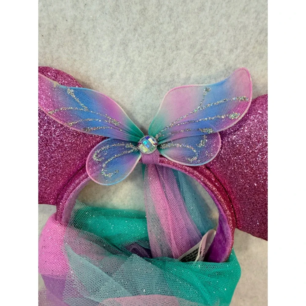 Disney Parks Minnie Mouse Pink Glitter Butterfly Fairy Ear Headband with Veil